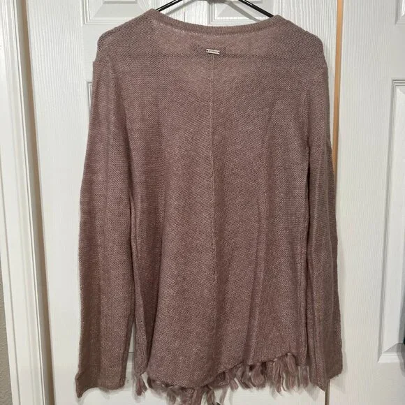 PrAna Shelby Poncho Sweater Pink Wool blend Wm L Boho Fringe Hem Tassle Tie Neck - Picture 7 of 9